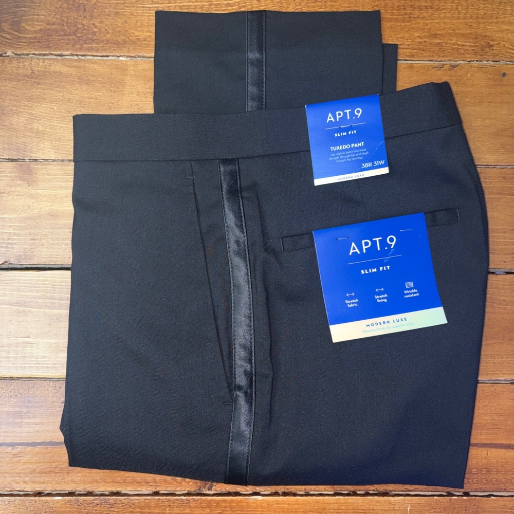 Apt. 9 Tuxedo Pant Mens 38R 31W Black Slim Fit Modern Luxe Satin Side Stripe NEW